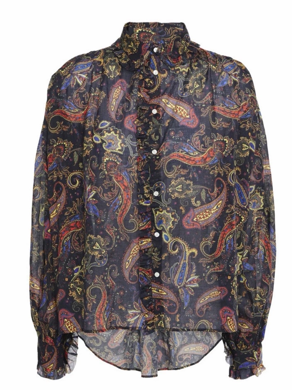 Maje Paisley-print Ruffled Cotton Shirt In Navy- Size 0 - Picture 2 of 14